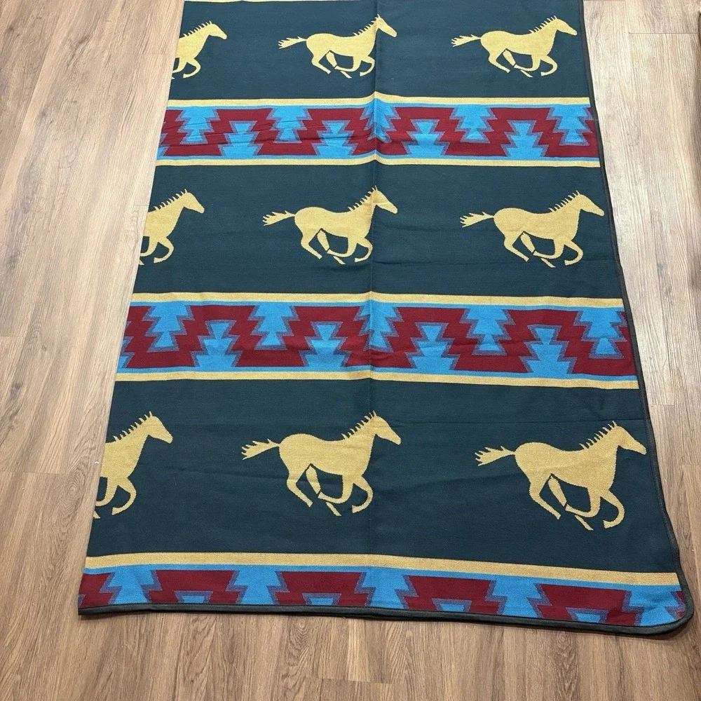 Wool Running Horses Native Style Blanket Teal Gold Reversible Casino Exclu 90x92